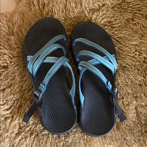 blue multi strap chaco sandals